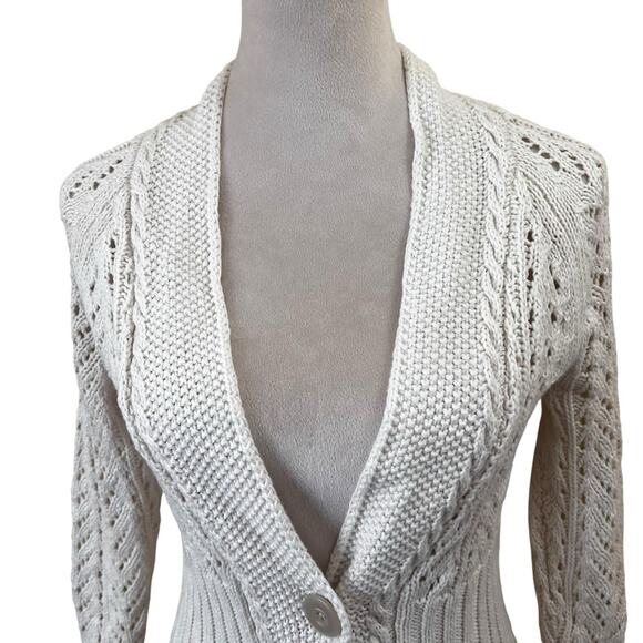 Women’s M Linen/Cotton White Lace Knit Cardigan Cottagecore Crochet Eddie Bauer - Picture 3 of 9